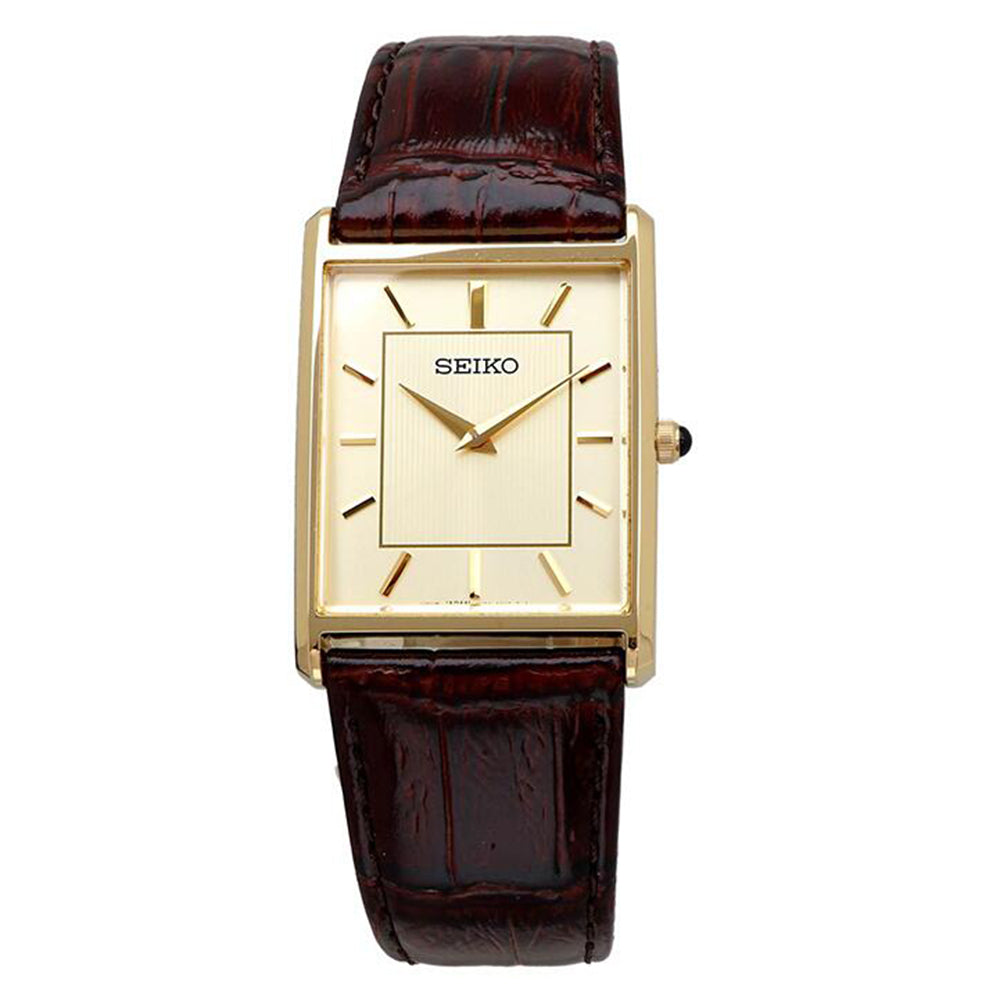 Mens Yellow Tone Square Dial Gold Markers Hardlex Crystal Brown Leathe —  