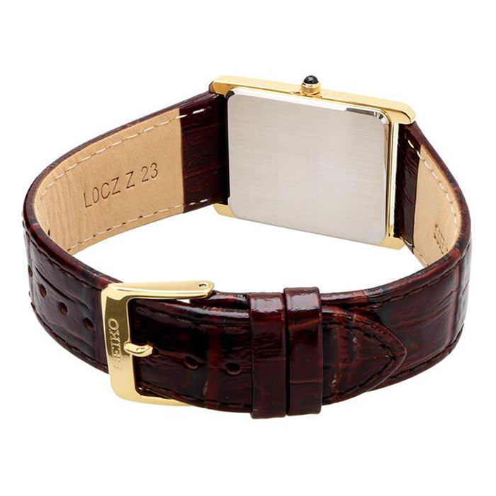 Mens Yellow Tone Square Dial Gold Markers Hardlex Crystal Brown Leathe —  