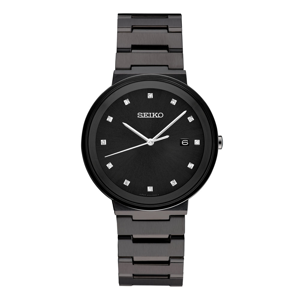 Seiko Men's Black Sunray Dial and Stainless Steel Band in Black Ion Fi —  