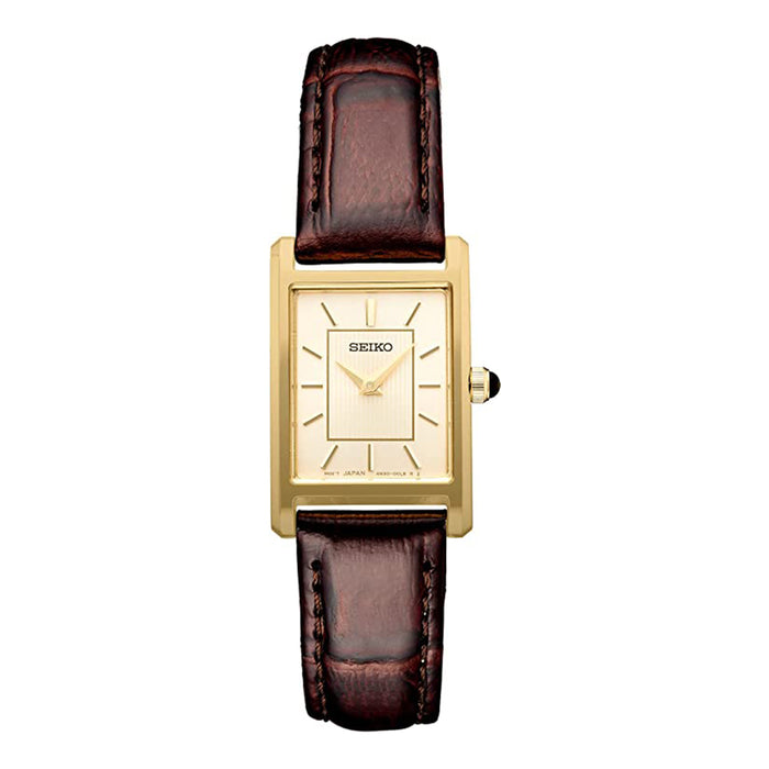 Seiko Womens Beige Dial Brown Leather Band Stainless Steel Quartz Dres —  