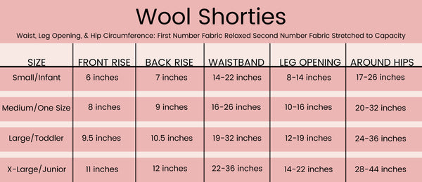 Wool Shorties Sizing Chart