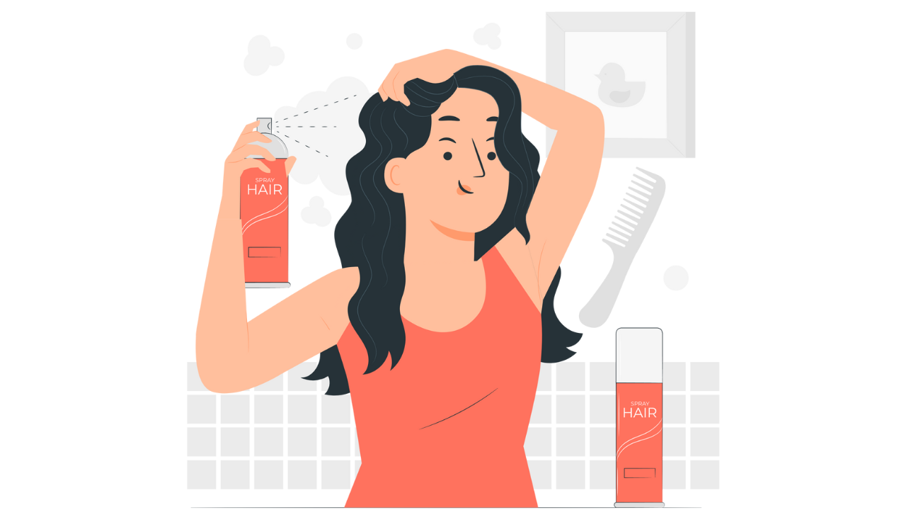 woman applying heat protectant spray to her hair