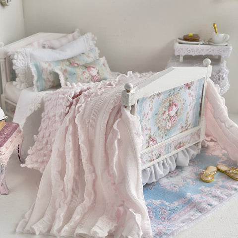 Chantallena Doll House (Copy) Dressed Bed | Sold Decoupage Shabby Pink Wildflowers Wooden Bed with Lace Accents