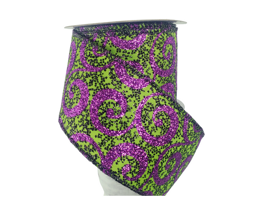 1.5x10YD Halloween Glitter Lime Green Wired Ribbon - Purple Edge - Sp –  TCTCrafts