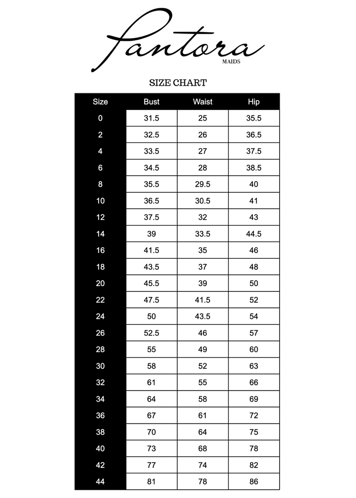 Pantora Maids Size Chart