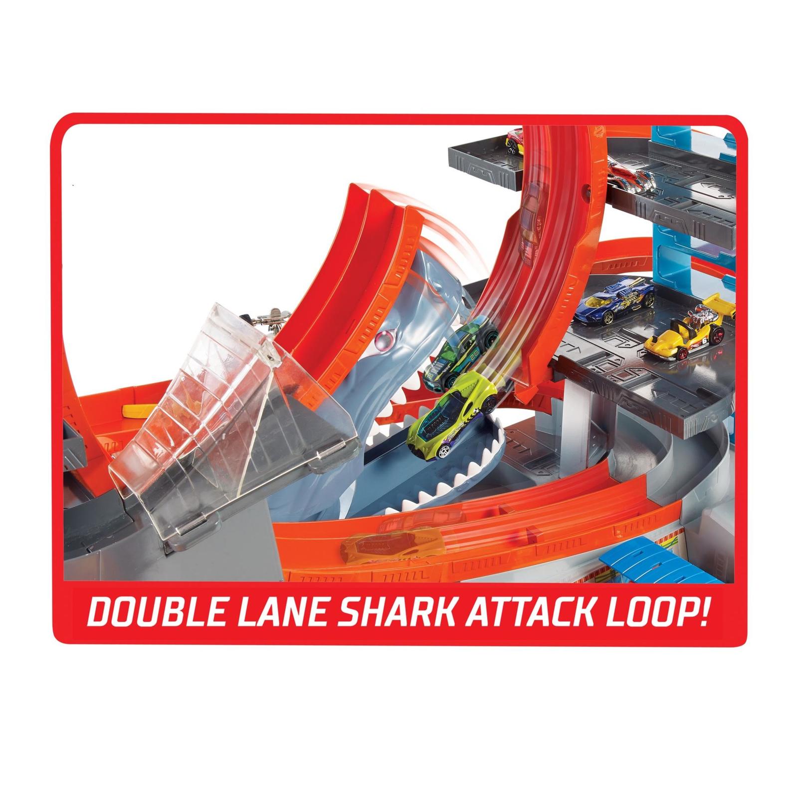 hot wheels ultimate garage tower shark loop racetrack set with two vehicles