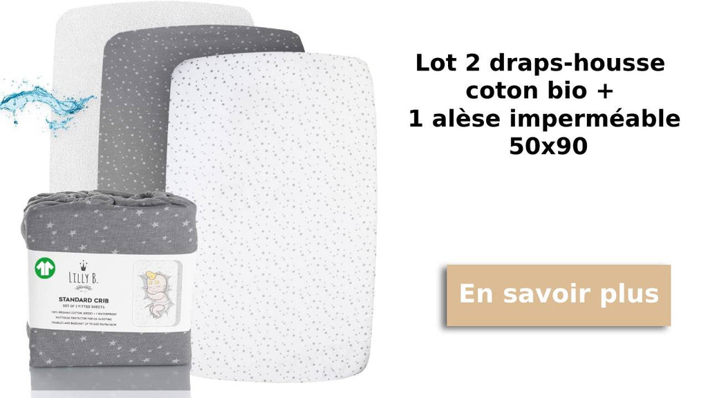 Lilly B. lot 2 draps-housse GOTS coton bio + 1 alèse imperméable 50x90