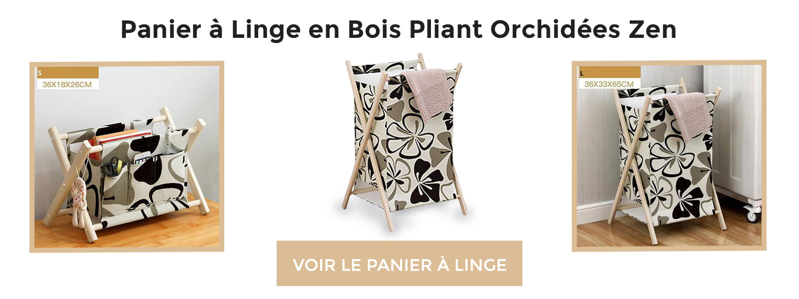 bannière Panier à Linge en Bois Pliant Orchidées Zen