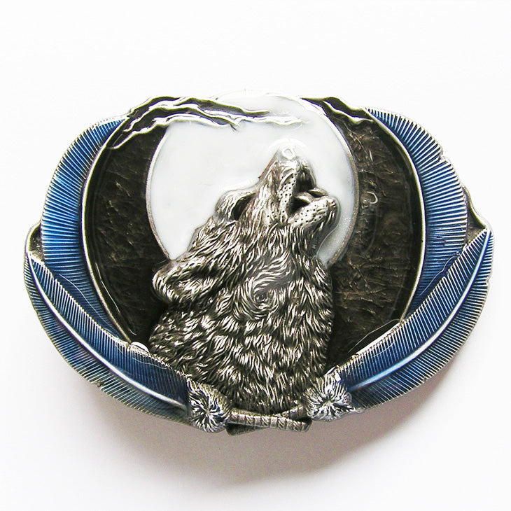 Buckle Wolf bei Vollmond, blau - Gürtelschnalle