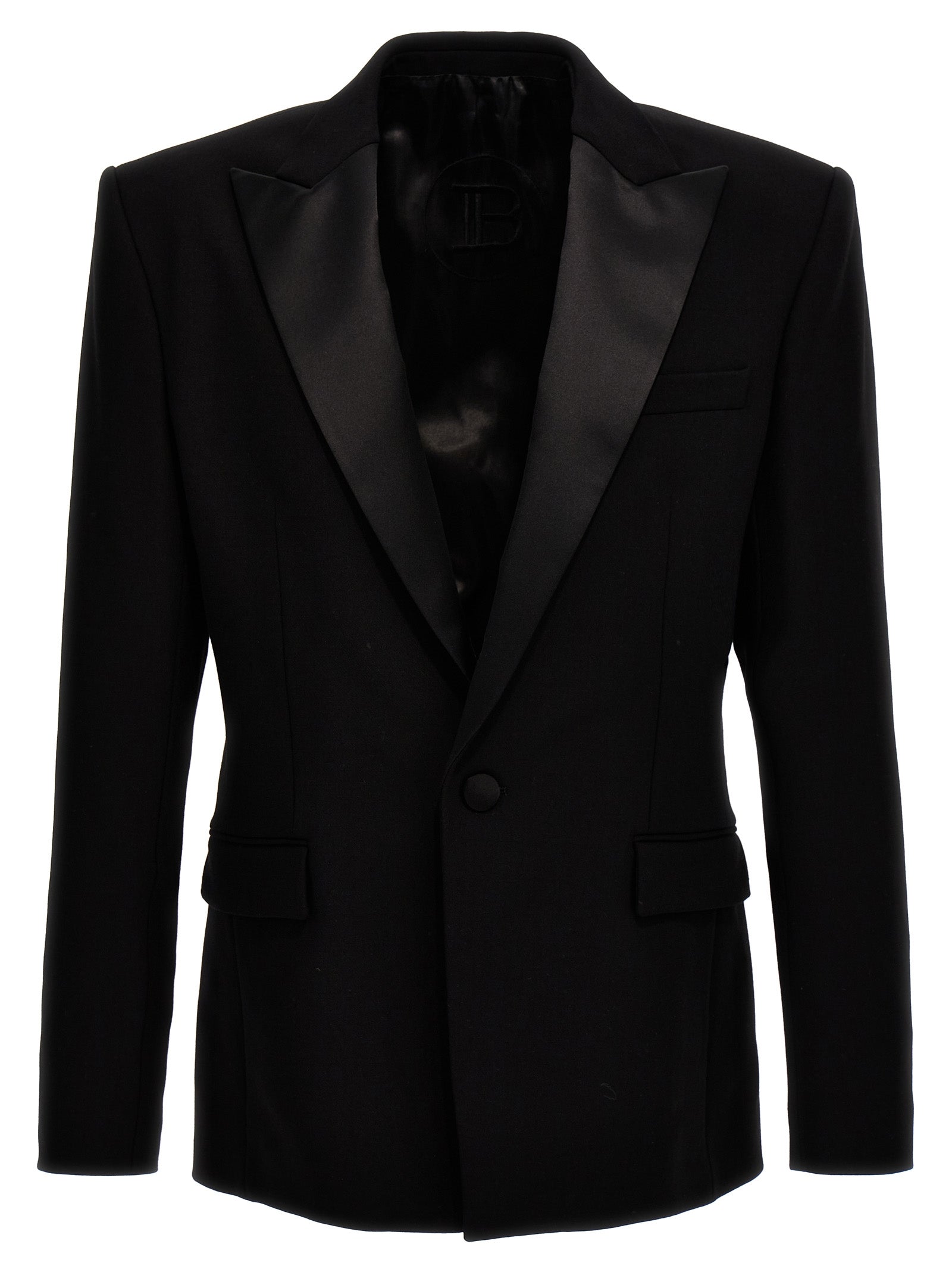 balmain-single-breasted satin wool blazer nero-uomo