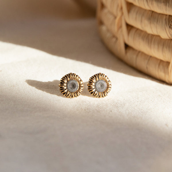 sunflower post stud earrings in silver and gold