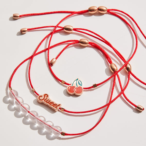 cherry red cord and thread bracelet stack for summer
