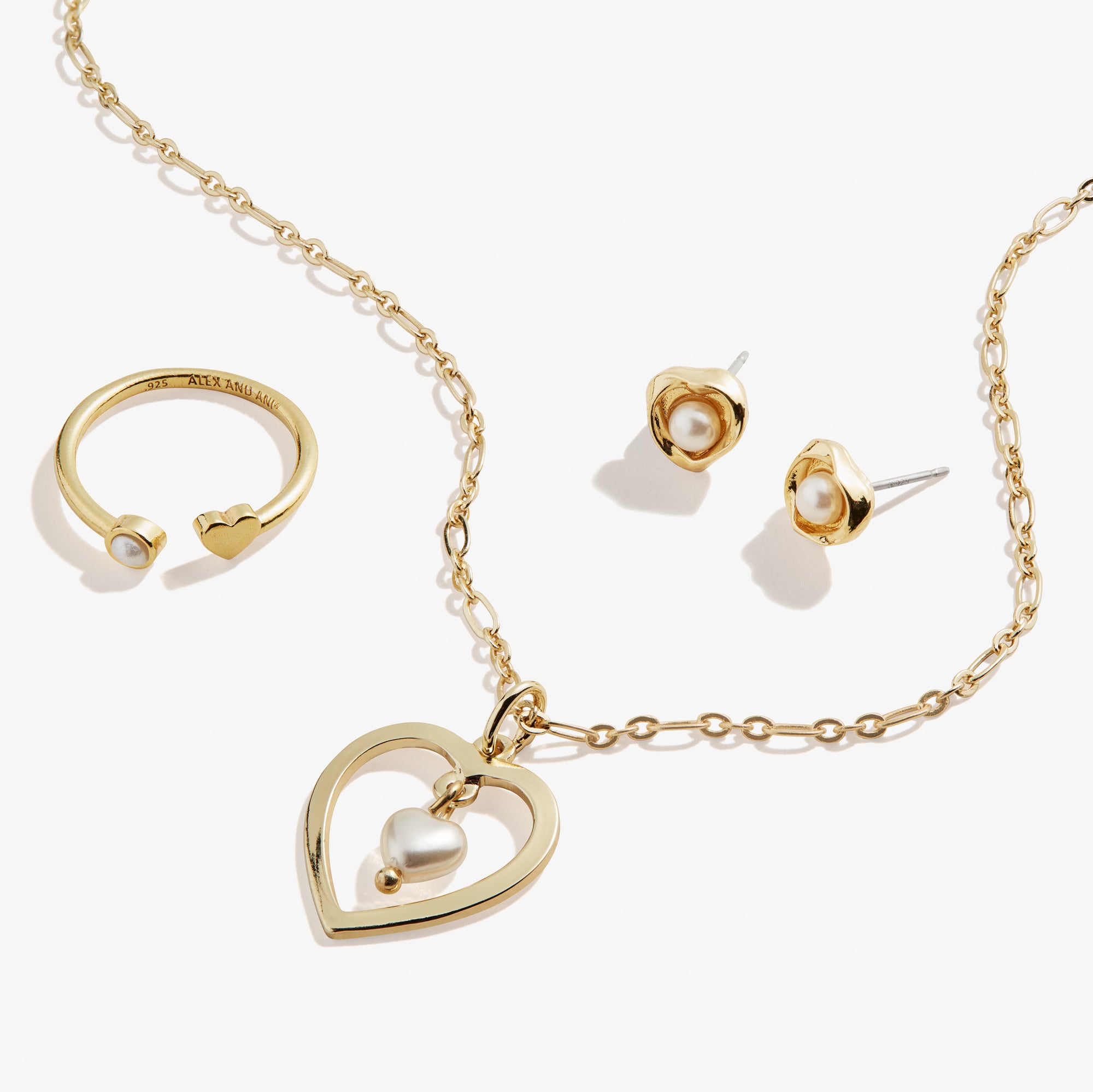 Pearl Heart Necklace, Stud Earring + Ring Set