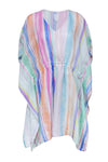 V-neck Linen Drawstring Striped Print Beach Dress/Tunic