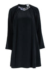 Silk Hidden Back Zipper Pleated Beaded Scoop Neck Long Sleeves Cocktail Dress