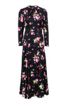 Satin Hidden Back Zipper Pleated Floral Print Puff Sleeves Sleeves Mock Neck Maxi Dress