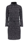 A-line Short General Print Knit Long Sleeves Turtleneck Belted Fitted Dress