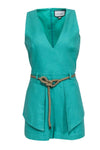 V-neck Summer Sleeveless Elasticized Waistline Hidden Back Zipper Belted Cotton Beach Dress/Romper