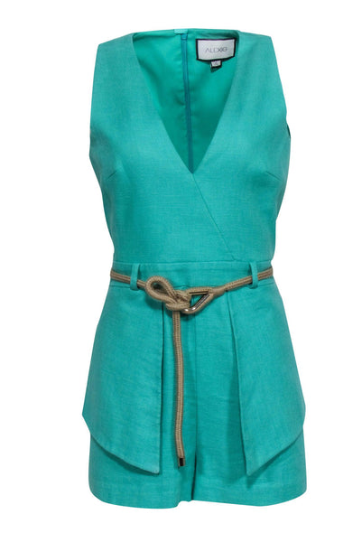 V-neck Summer Sleeveless Cotton Elasticized Waistline Belted Hidden Back Zipper Beach Dress/Romper