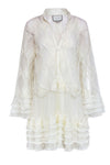 Mock Neck Tiered Sheer Embroidered Mesh Button Front Long Sleeves Dress