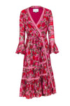 Floral Print Cotton Spring Sheer Long Sleeves Semi Sheer Self Tie Wrap Dress