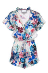 Cotton Short Sleeves Sleeves Summer Floral Print Drawstring Ruffle Trim Romper