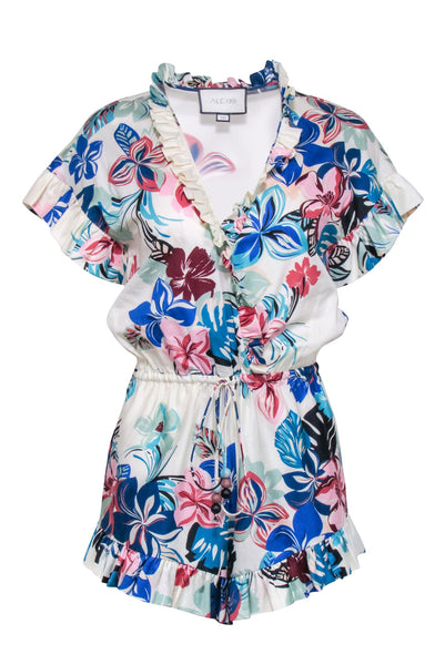 Ruffle Trim Short Sleeves Sleeves Summer Cotton Drawstring Floral Print Romper