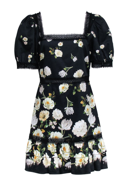 A-line Lace Trim Tiered Back Zipper Short Puff Sleeves Short Sleeves Sleeves Floral Print Dress With Ruffles