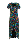 V-neck Flutter Sleeves Belted Back Zipper Faux Wrap High-Low-Hem Floral Print Dress