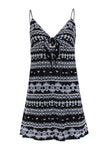 V-neck Spaghetti Strap Geometric Print Fitted Hidden Back Zipper Embroidered Fit-and-Flare Dress