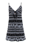 V-neck Fitted Hidden Back Zipper Embroidered Fit-and-Flare Spaghetti Strap Geometric Print Dress