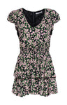 V-neck Spring Floral Print Cap Sleeves Elasticized Waistline Tiered Back Zipper Little Black Dress/Romper With Ruffles