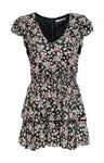 V-neck Elasticized Waistline Cap Sleeves Floral Print Tiered Back Zipper Spring Little Black Dress/Romper With Ruffles