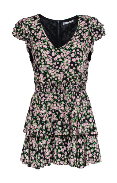 V-neck Tiered Back Zipper Elasticized Waistline Floral Print Spring Cap Sleeves Little Black Dress/Romper With Ruffles