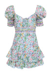 Back Zipper Lace-Up Puff Sleeves Sleeves Short Smocked Sweetheart Floral Print Elasticized Waistline Dress