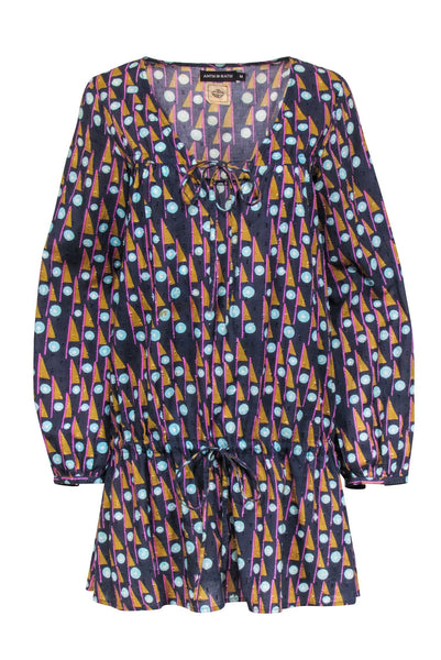 V-neck Abstract Print Cotton Dropped Waistline Drawstring Fall Dress