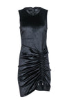 Short Ruched Drawstring Hidden Back Zipper Sleeveless Round Neck Bodycon Dress/Little Black Dress