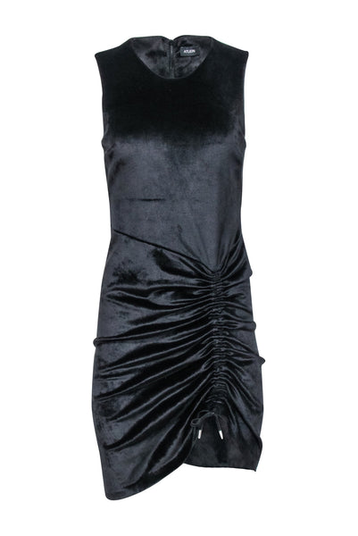 Short Drawstring Hidden Back Zipper Ruched Round Neck Sleeveless Bodycon Dress/Little Black Dress
