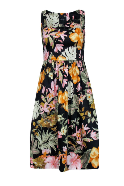 Floral Print Fit-and-Flare Elastane Spring Pocketed Hidden Side Zipper Fitted Midi Dress