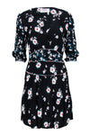 V-neck Snap Closure Sheer Piping Hidden Side Zipper Floral Print Elasticized Waistline Short Dress With Ruffles