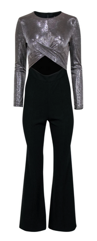 Black Halo - Silver & Black Sparky Knotted Flared Jumpsuit w/ Cutout