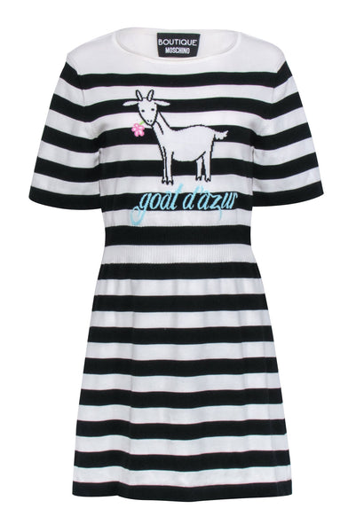 Ribbed Fitted Short Sleeves Sleeves Fit-and-Flare Striped Print Round Neck Dress