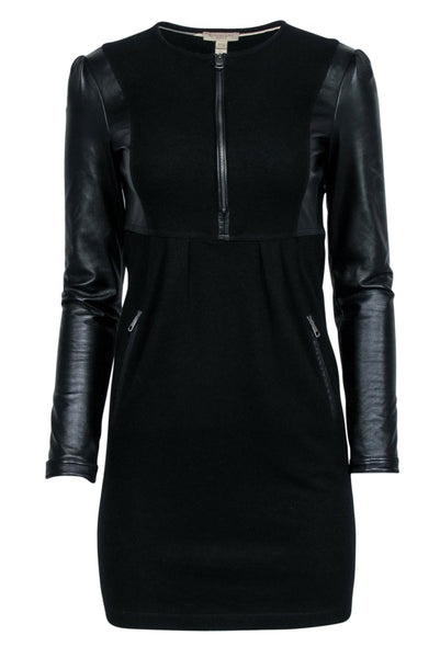 Short Pocketed Slit Front Zipper Long Sleeves Dress