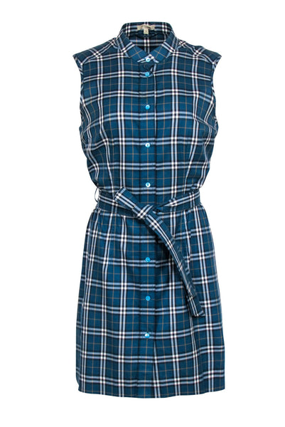 Cotton Tie Waist Waistline Belted Button Front Plaid Print Shift Sleeveless Dress