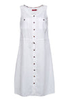 Summer Sleeveless Scoop Neck Pocketed Button Front Drawstring Shirt Dress