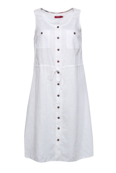 Sleeveless Scoop Neck Drawstring Pocketed Button Front Summer Shirt Dress