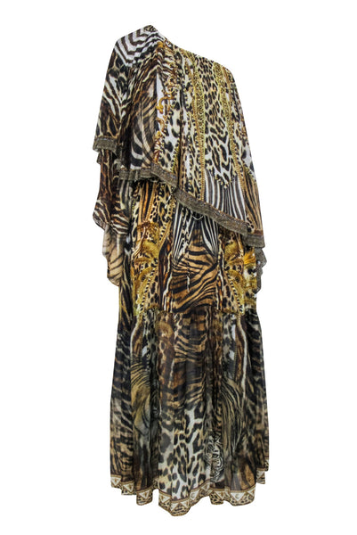 Beaded Trim Off the Shoulder One Shoulder Belted Animal Leopard Tiger Striped Print Silk Maxi Dress With a Sash