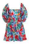 Hidden Back Zipper Pocketed Slit Puff Sleeves Sleeves Smocked Floral Print Cotton Beach Dress