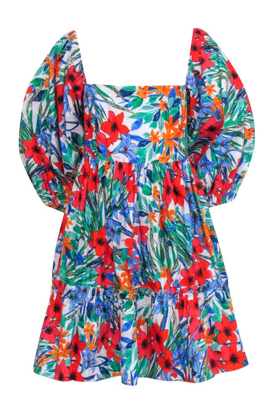 Floral Print Slit Hidden Back Zipper Pocketed Puff Sleeves Sleeves Cotton Smocked Beach Dress
