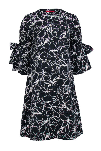 V-neck Bell Sleeves Shift Floral Print Little Black Dress